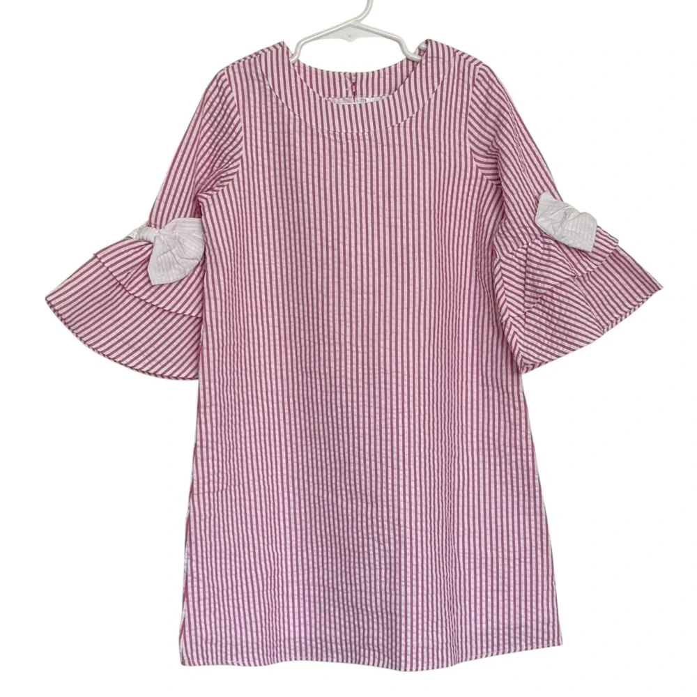 Rare Editions Girls Pink and White Striped Seersucker Dress Size 6